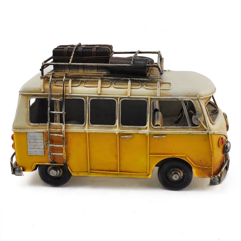 Retro Yellow Bus Model Handmade Metal Creative Home Accessories Children Photography Iron Ornaments Vintage Souvenirs Bus