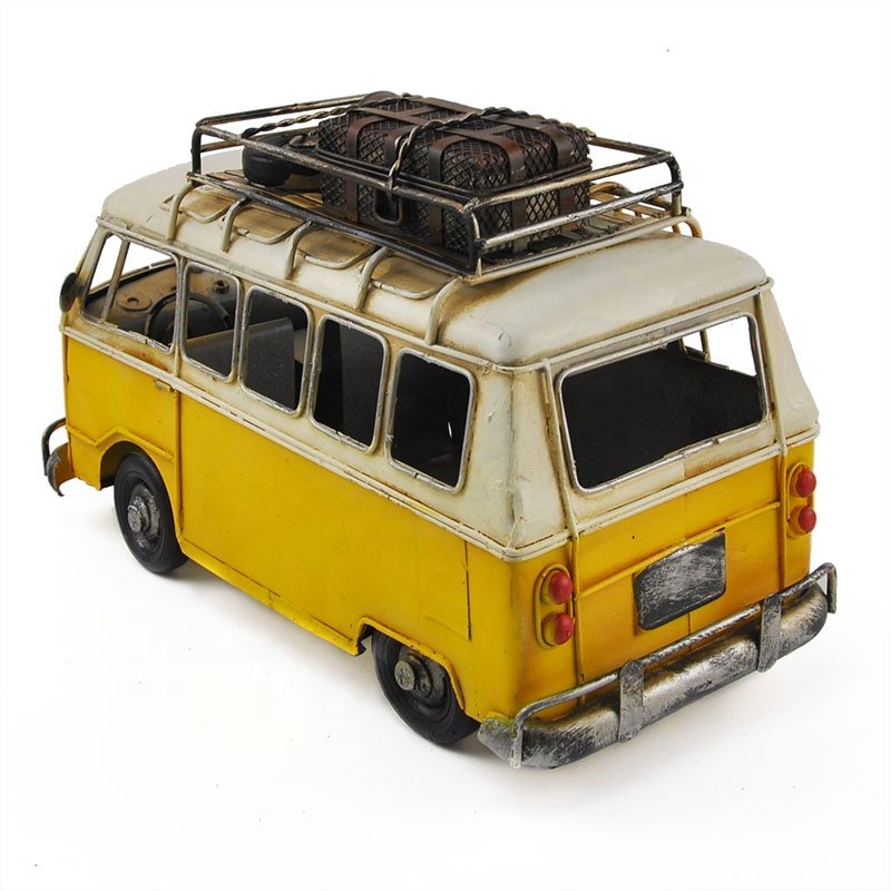 Retro Yellow Bus Model Handmade Metal Creative Home Accessories Children Photography Iron Ornaments Vintage Souvenirs Bus