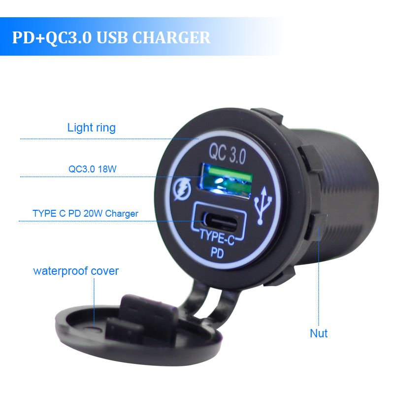 12V/24V Dual Port Car Charger with QC3.0 & 20W PD USB-C, Fast Charging, Universal Bus Socket for Cars, Trucks, Vehicles