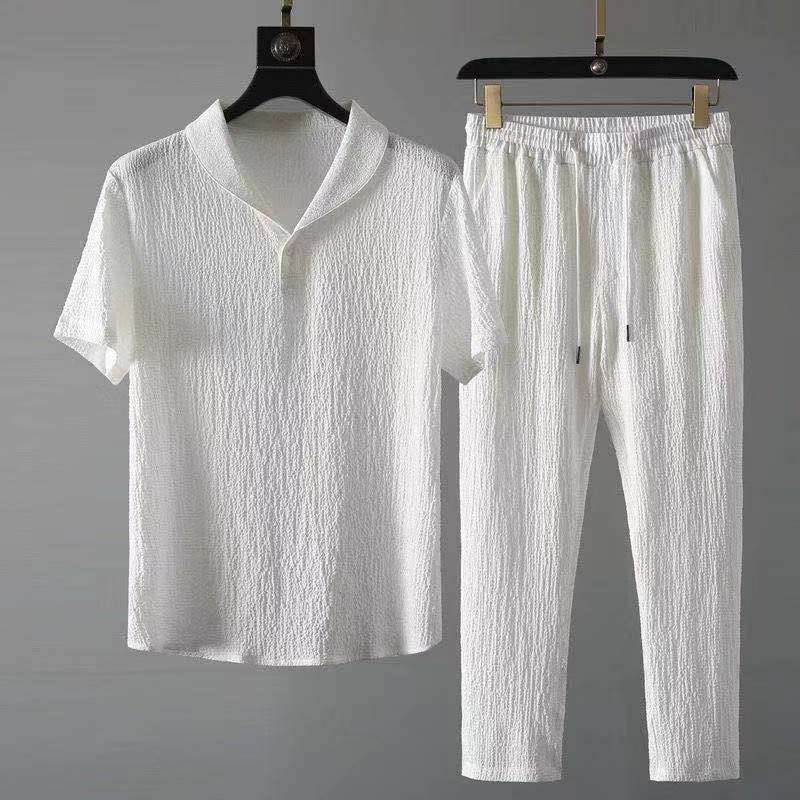 Leisure Suit Men 2023 New Summer Thin High-end Sports Suit Men's Fashion Short Sleeve Trousers Trend Light Luxury