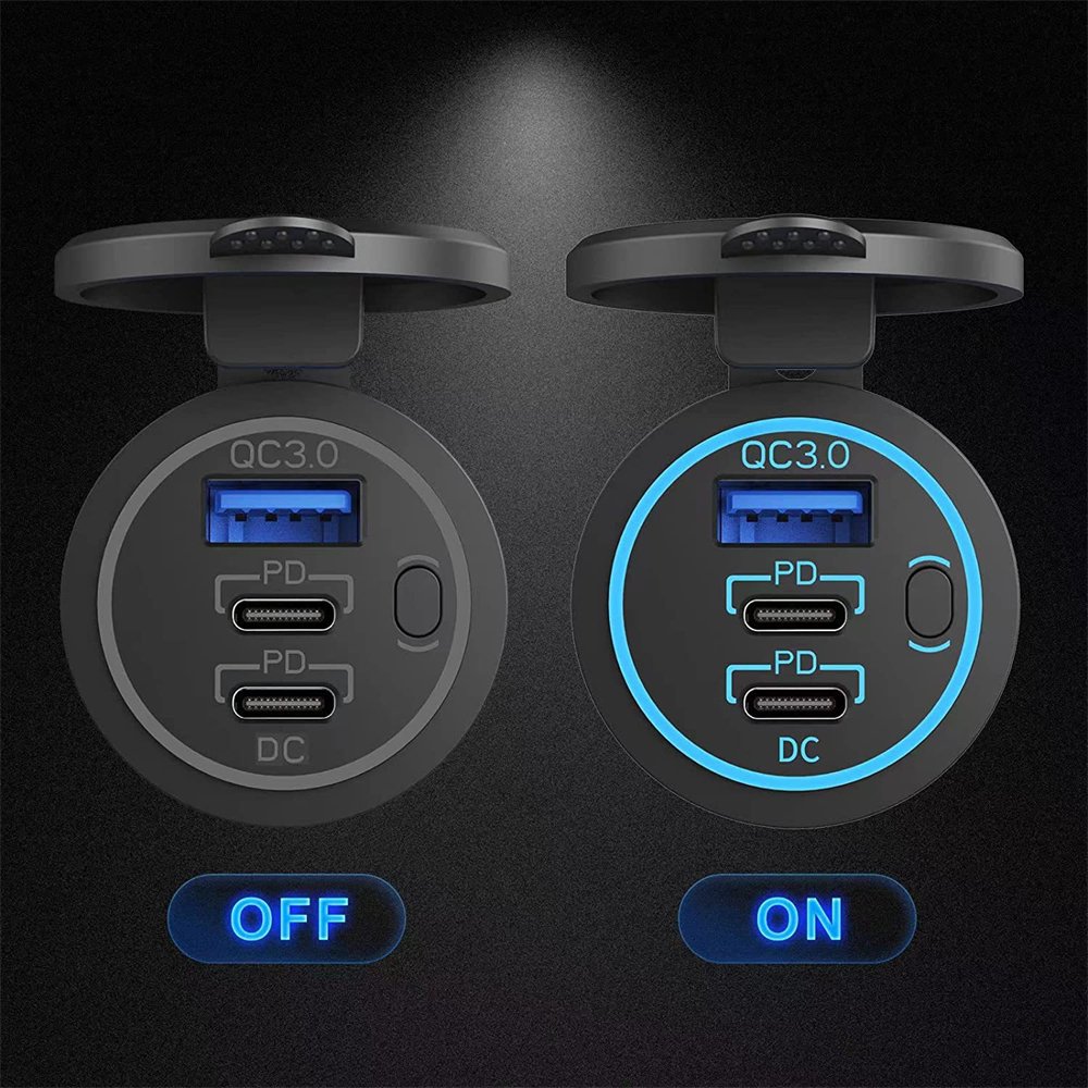 New Dual PD+QC3.0 12V/24V Triple USB Port Car Charger Fast Charging Receptacle for Phone Application Motorcycle Boat Marine Bus
