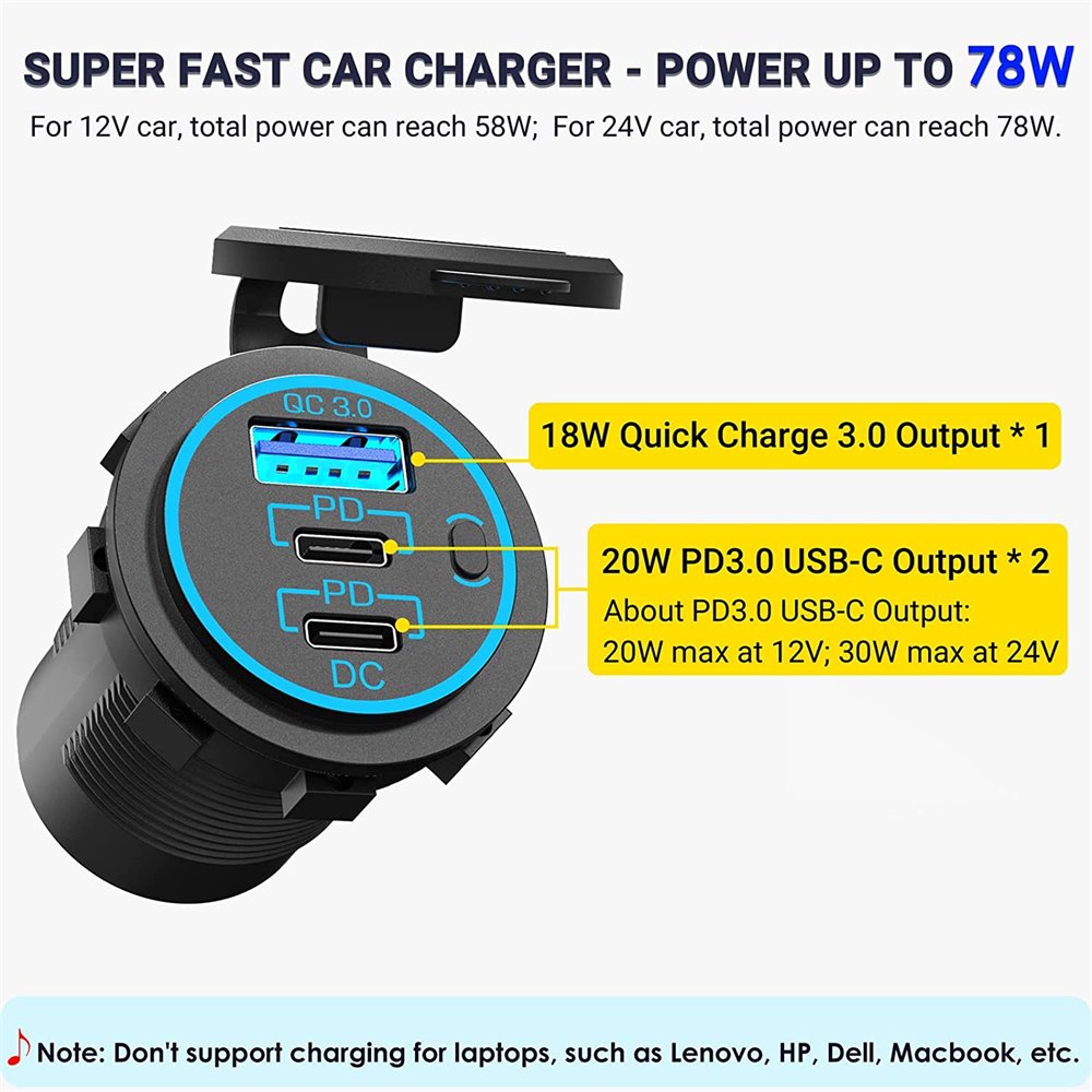 New Dual PD+QC3.0 12V/24V Triple USB Port Car Charger Fast Charging Receptacle for Phone Application Motorcycle Boat Marine Bus