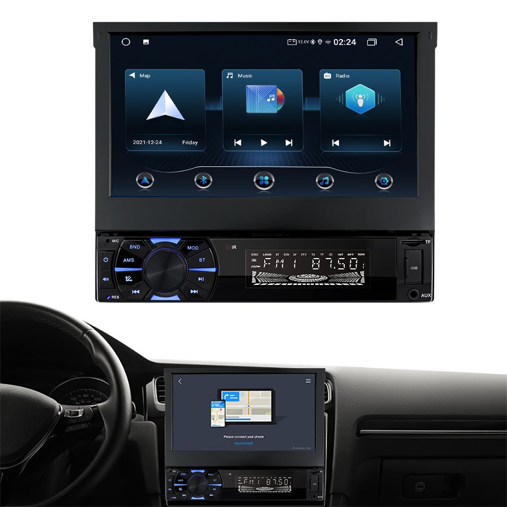 Autoradio 1 Din Radio Car 7" Hd Retractable Touch Screen Mp5 Bt Sd Fm Usb Car Mp5 Player + 12 Led Rear View Camera Navigation