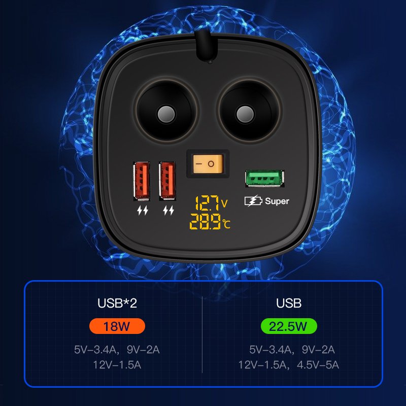 Wholesales Led Voltmeter Temperature Car Cup Holder Phone Charger 3 USB Power Socket Car Cigarette Lighter Plug Usb C Charger