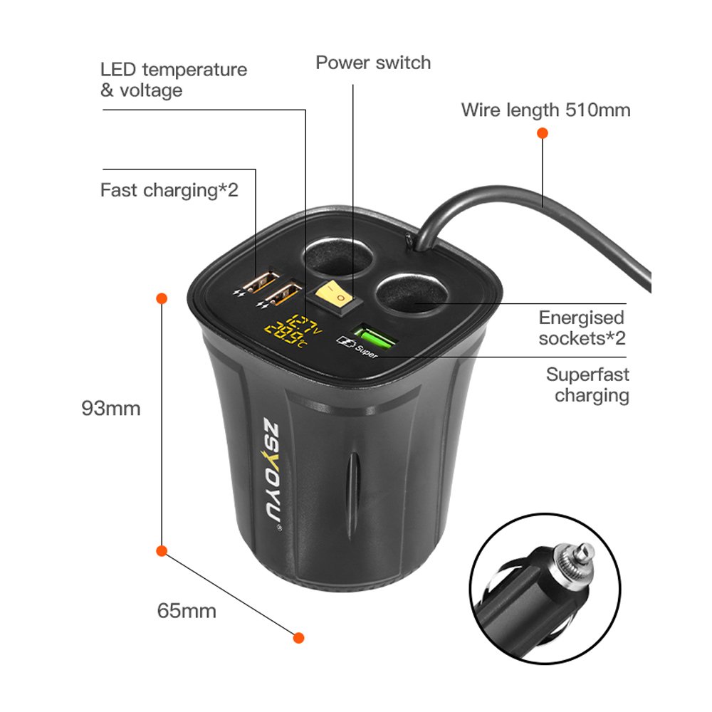 Wholesales Led Voltmeter Temperature Car Cup Holder Phone Charger 3 USB Power Socket Car Cigarette Lighter Plug Usb C Charger