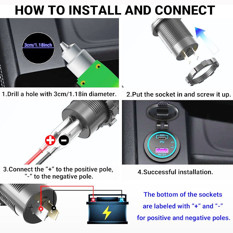 IPX6 Waterproof 12V Car Socket 83W Dual USB-C PD3.0 & QC3.0 Fast Charger for Truck Boat Golf Cart RV Accessories