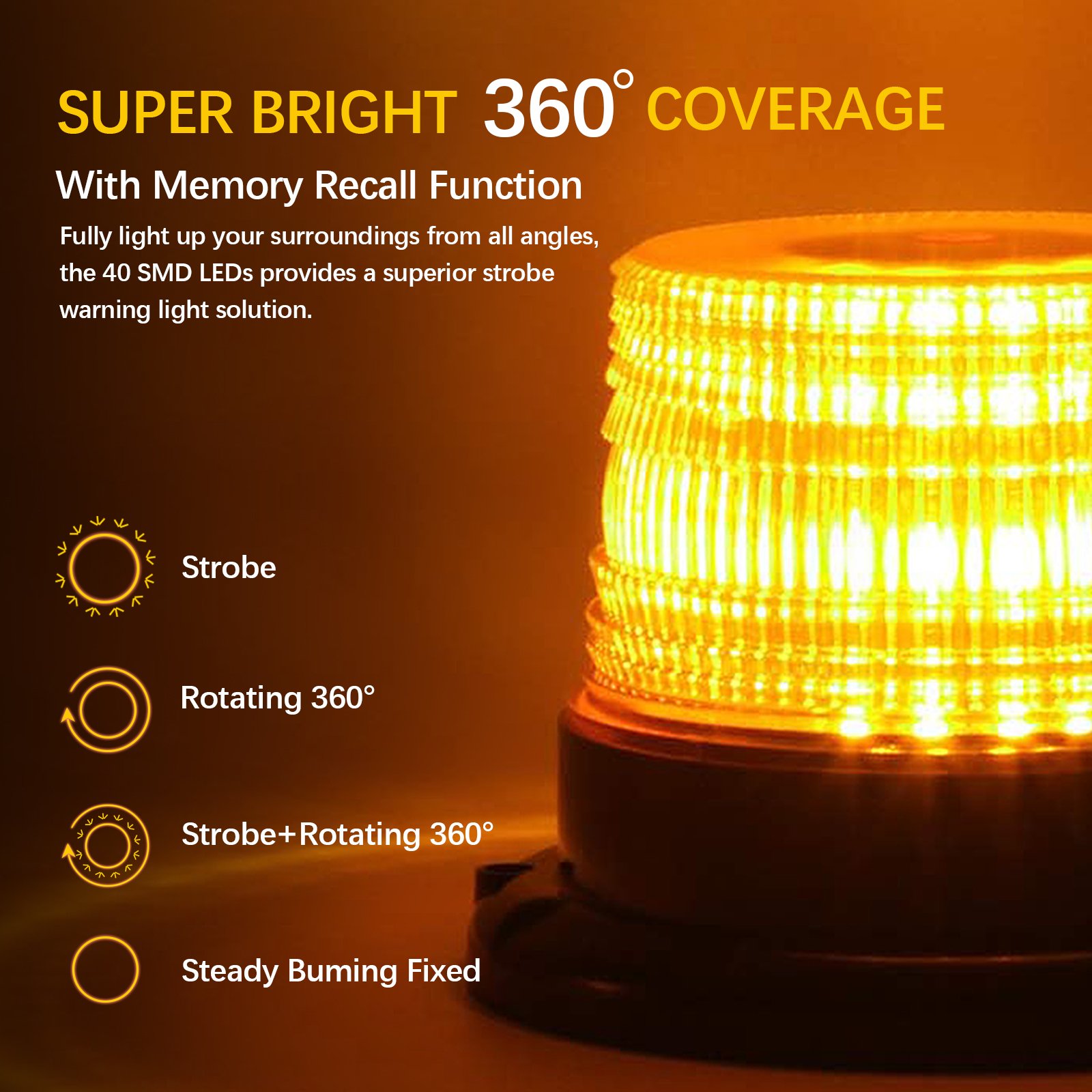 Emergency Warning Flashing Safety Strobe Beacon Light in Amber for Vehicle Buses Trucks Golf Carts UTVs Forklifts and Tractors