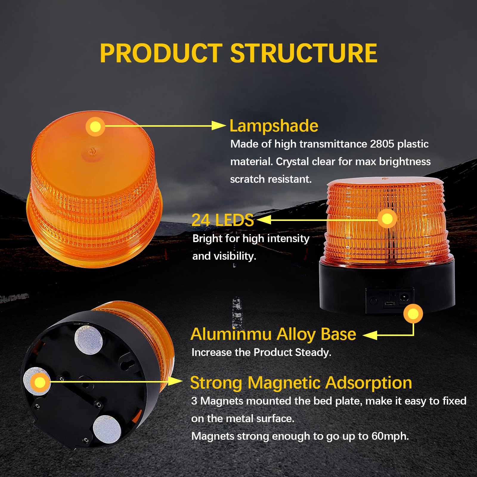 Emergency Warning Flashing Safety Strobe Beacon Light in Amber for Vehicle Buses Trucks Golf Carts UTVs Forklifts and Tractors