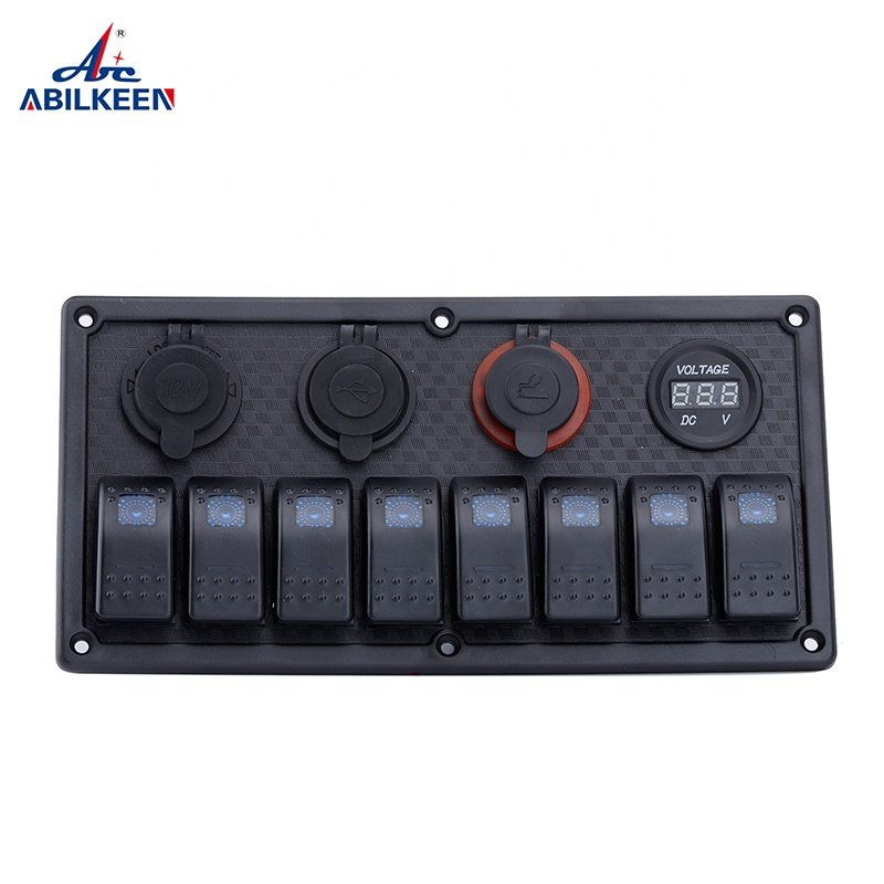 New Style Waterproof Rocker Switch 12V/24V Digital Voltage Display Dual USB Power Socket Blue Light LED 8 Gang Panel With Fuse