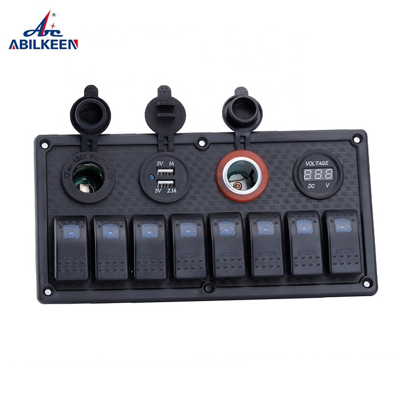 New Style Waterproof Rocker Switch 12V/24V Digital Voltage Display Dual USB Power Socket Blue Light LED 8 Gang Panel With Fuse