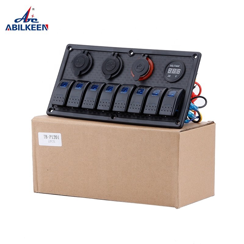 New Style Waterproof Rocker Switch 12V/24V Digital Voltage Display Dual USB Power Socket Blue Light LED 8 Gang Panel With Fuse