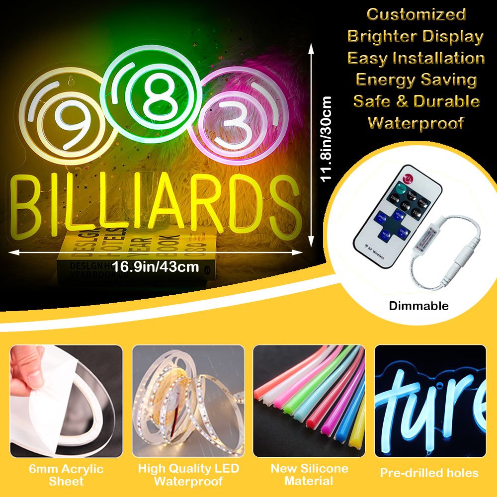 Hot-selling Powerd Neon Sign Colorful BILLIARDS for Preppy Room Game Hall Pool Player Artwork Light up Art Billiards Neon Signs