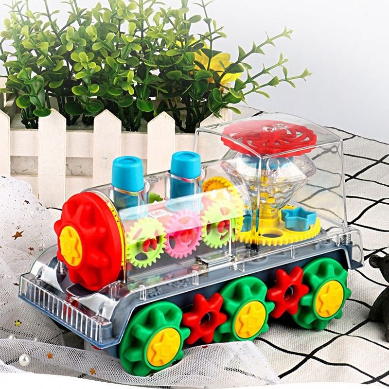 Novelty Electric Toy Flashing Light Transparent Rotating Transparent Gear Bus Universal Concept Car Toy With Music