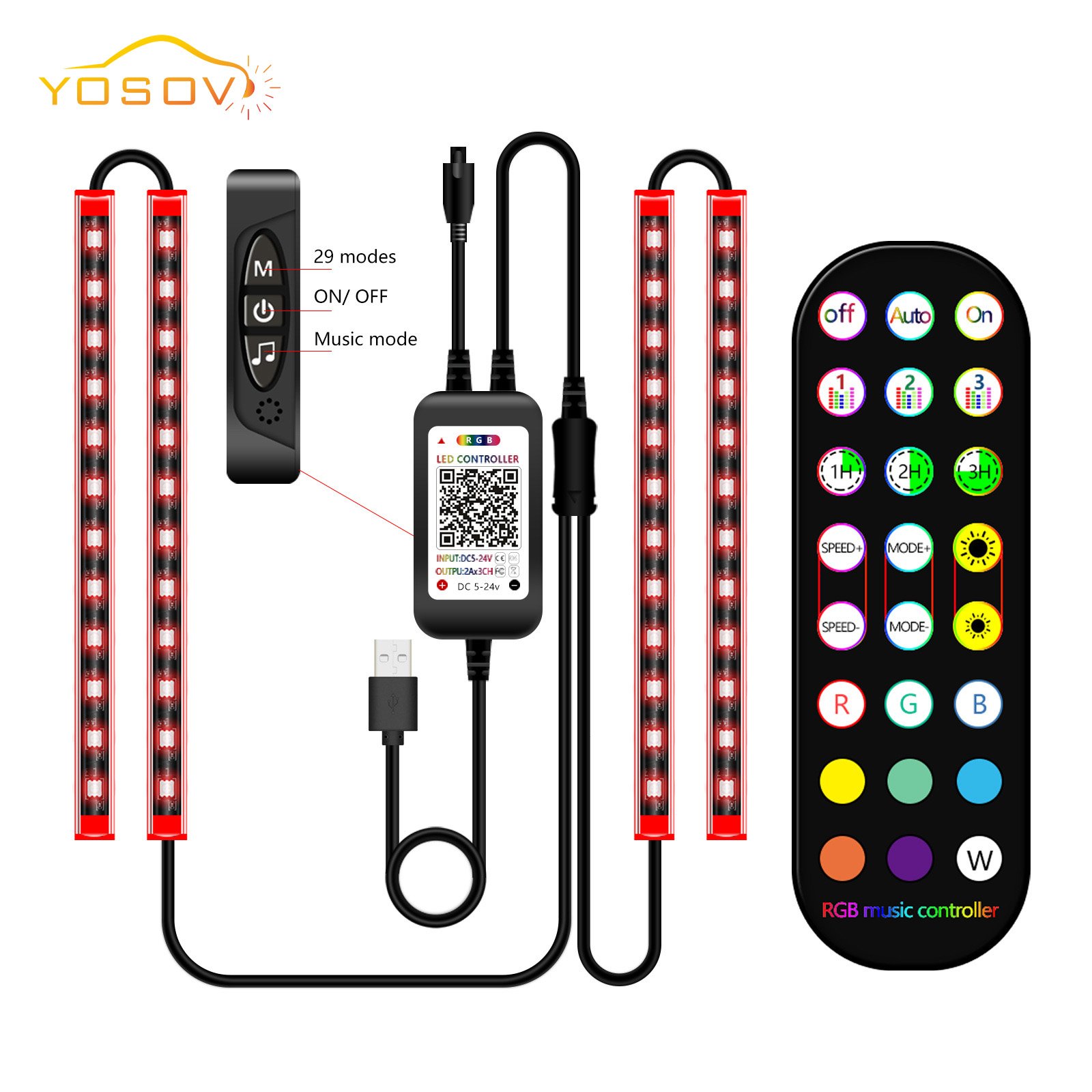 Yosovlamp New Car Atmosphere Light Bluetooth APP Colorful Remote Control Voice Control RGB Music Light Bar