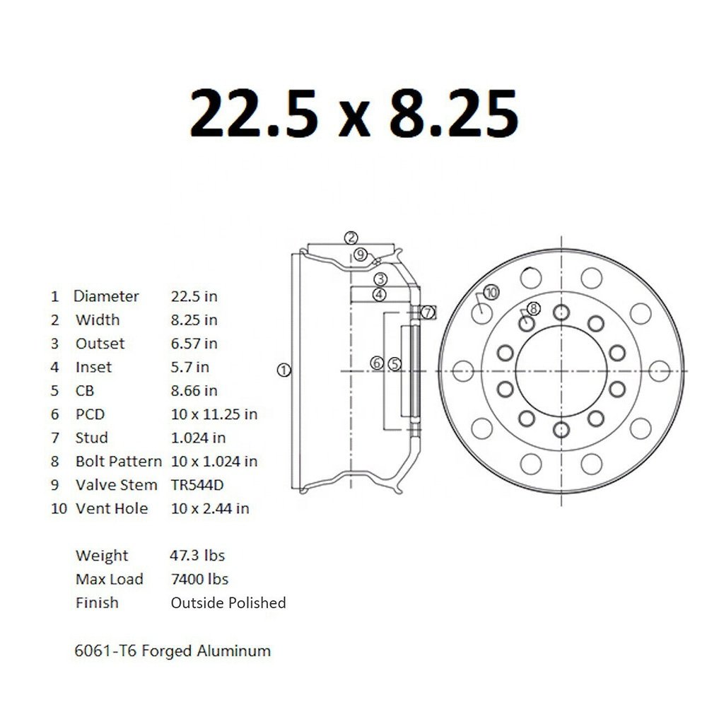 22.5 X 8.25 Truck/Bus Wheel Rim Forged Aluminum Hub Outside Polished Fit Front
