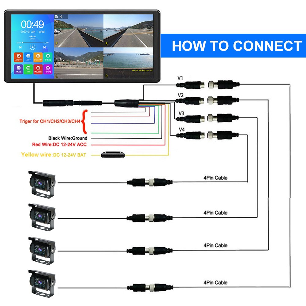 4CH Vehicle Split Monitor System Truck 1080P AHD Camera 10.36 Inch Touch Screen MP5 FM DVR for Car/Truck/Bus Parking Recorder
