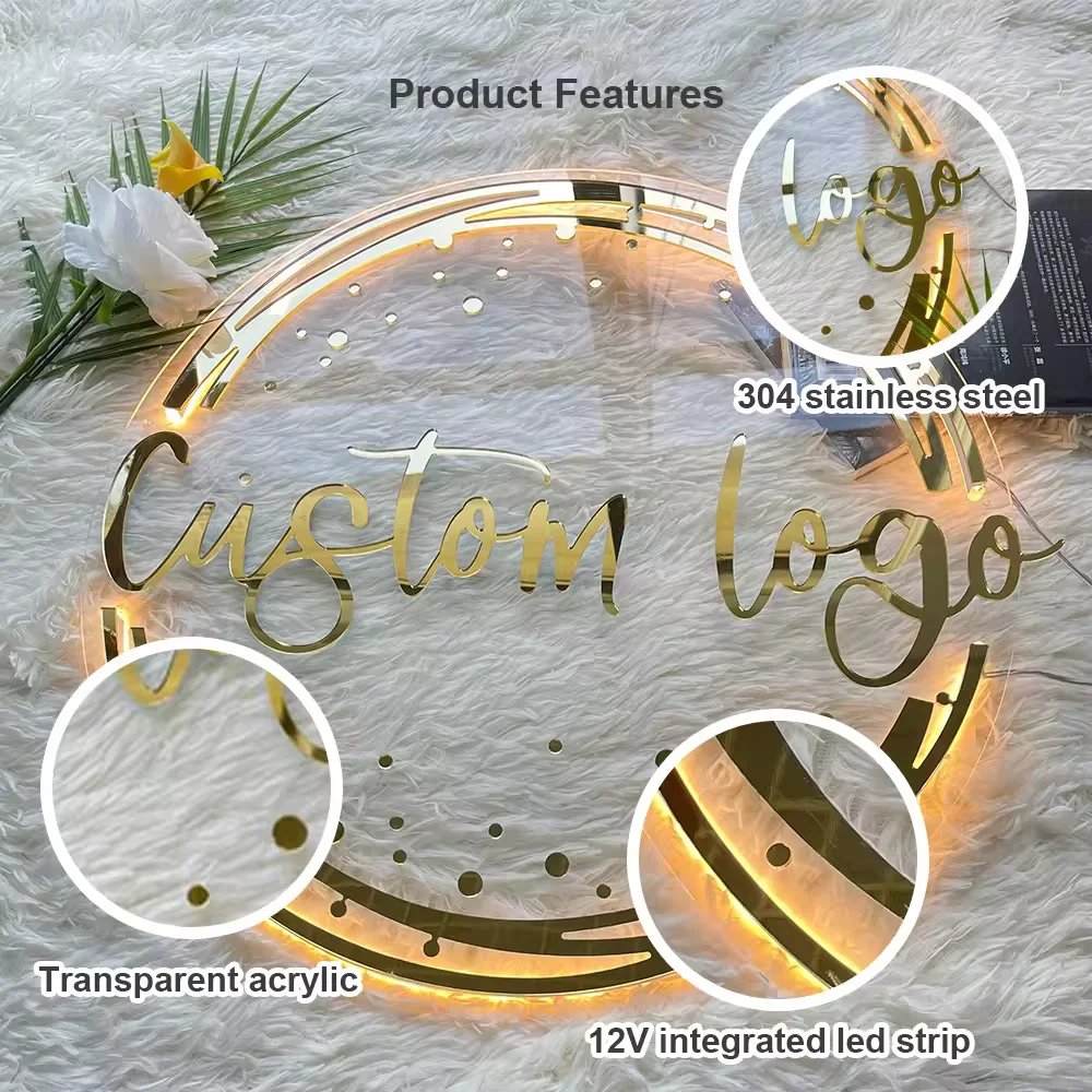 3D Acrylic Backlit Business Sign Salon Neon Sign Gold Mirror 3D Wall Letters Business Logo for Advertising Illuminated Signage