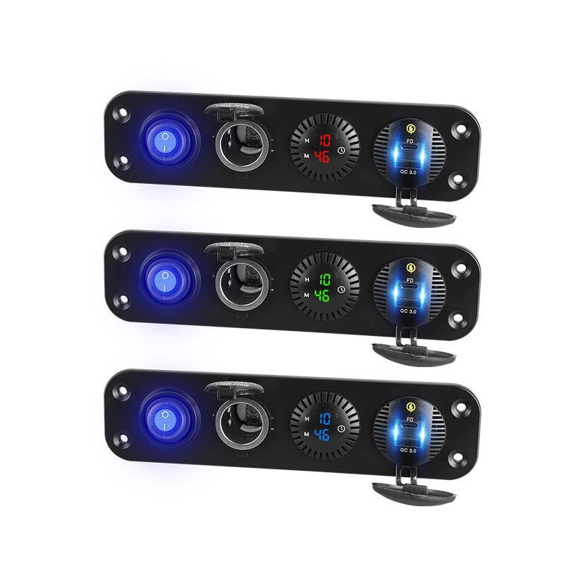 Wholesale 24V 12V Usb Socket Led Clock Display on Off Button Car Truck Bus Custom Boat 3 Gang Switch Panel