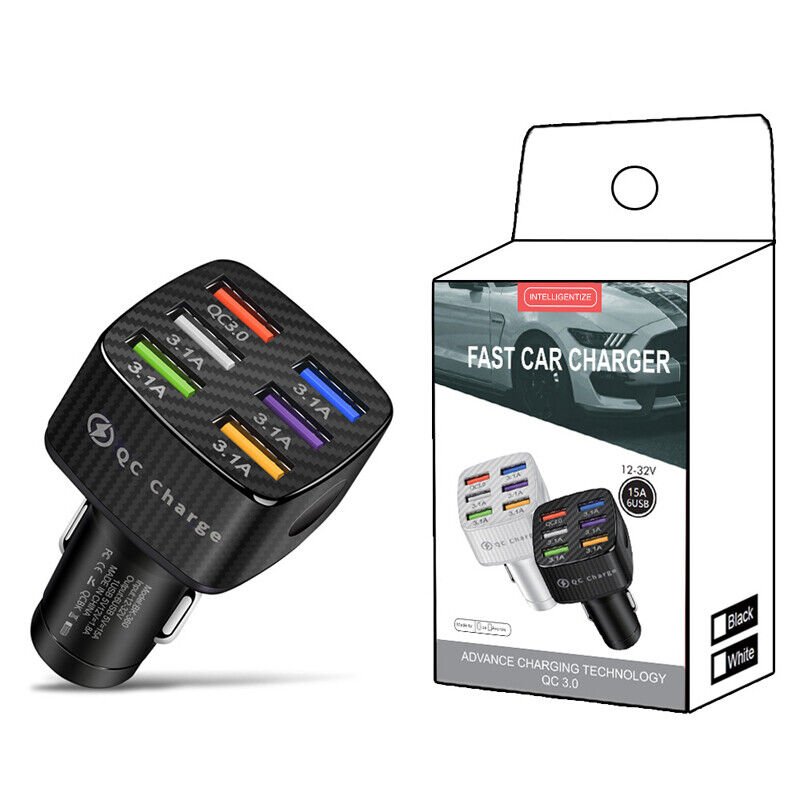 Six in One Car Charger QC3.0 6USB 15A PC Flame Retardant Material CE FCC Certificate Fast Charger for Mobile Phones