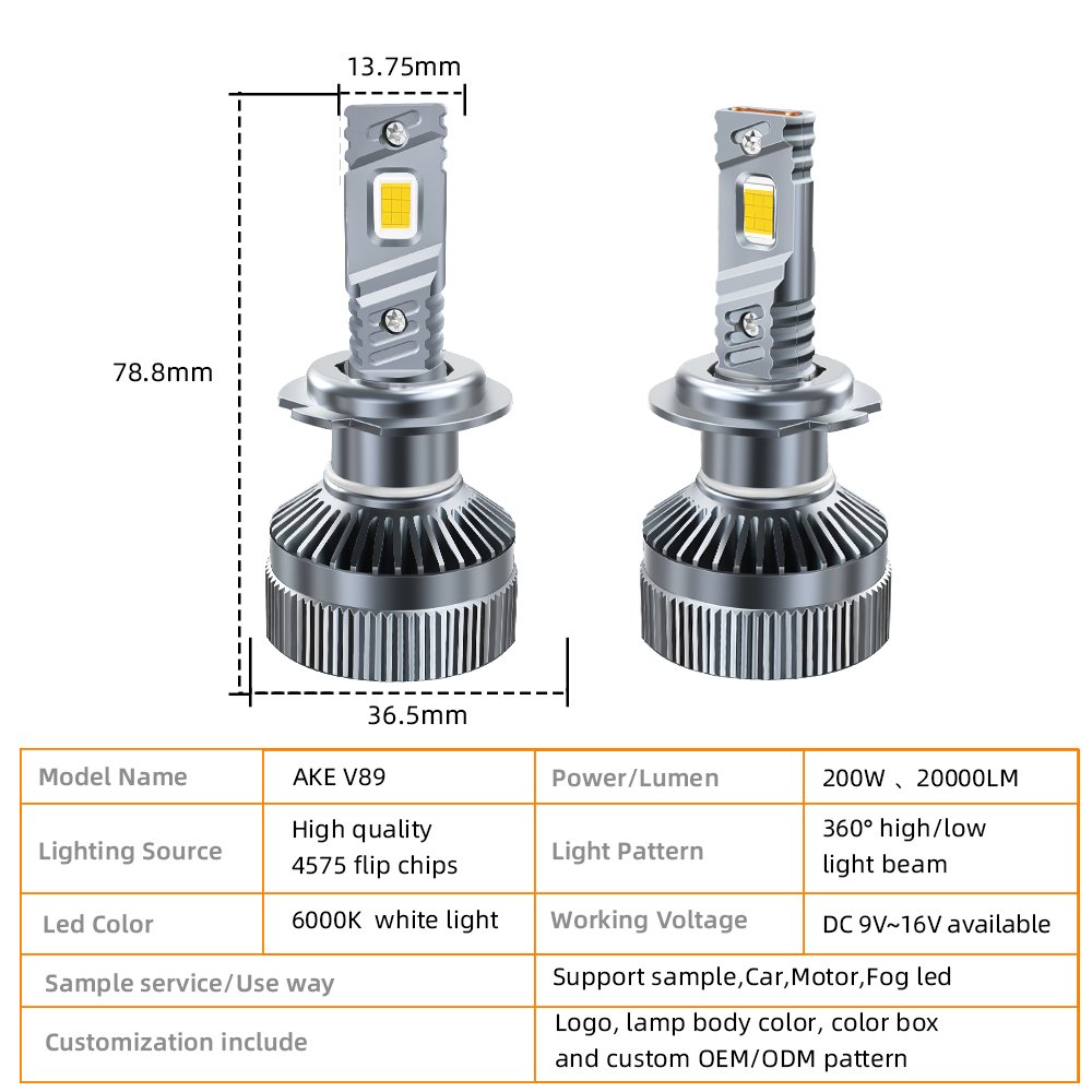 AKE V89 200W H7 Led Headlight Bulb 6000K 360 Degree Beam Led Headlight H7 20000Lm Led H7 Headlights H7 Led Canbus Luces Led H7