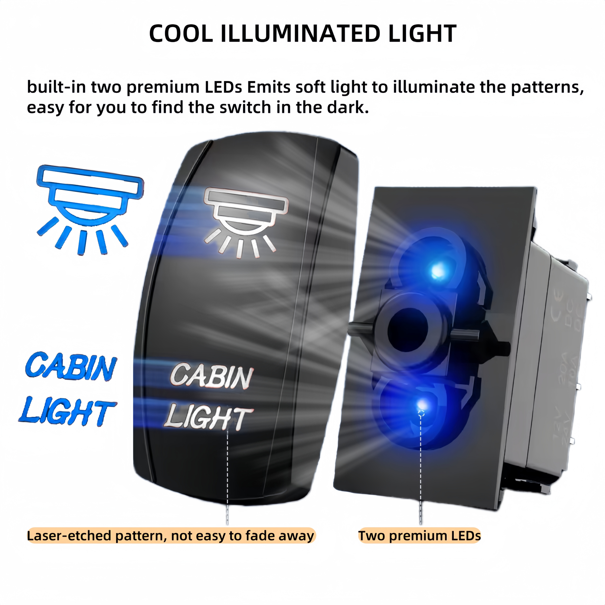 Cabin Light Rocker Switch 5 Pin 12V-24V Marine Boat Heavy Duty Toggle Switch on Off, Laser Etched Rocker Light Switch with Wire