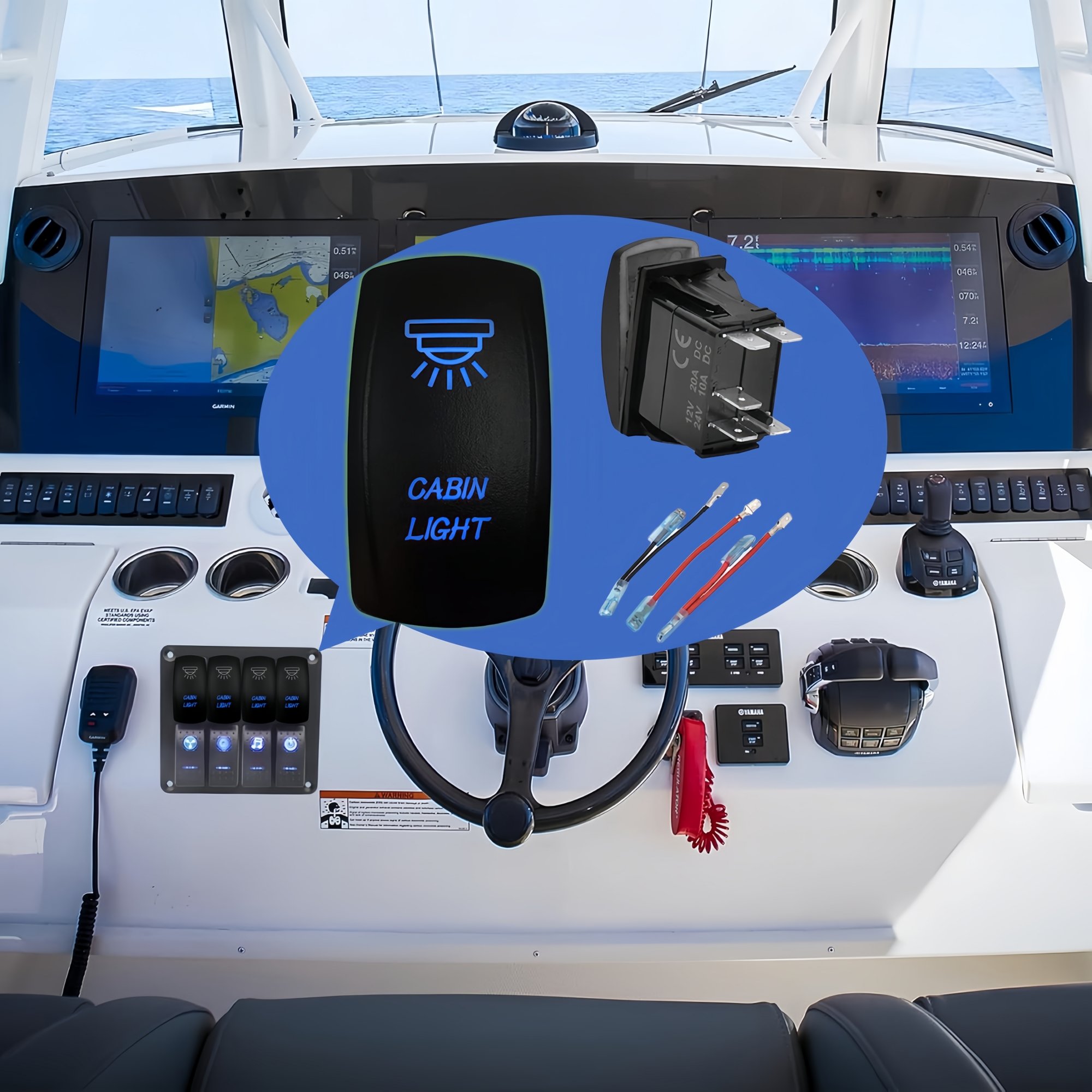 Cabin Light Rocker Switch 5 Pin 12V-24V Marine Boat Heavy Duty Toggle Switch on Off, Laser Etched Rocker Light Switch with Wire