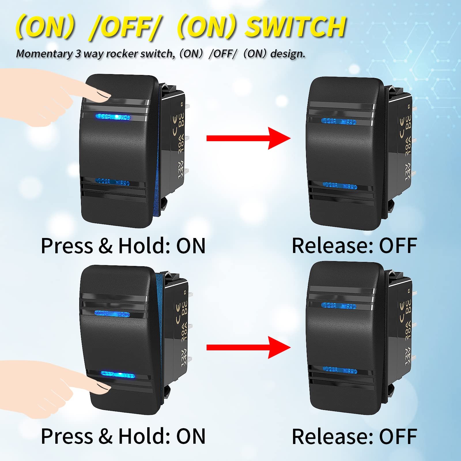 3 Way Rocker Switch with Jumper Wire Boat Car UTV ATV Waterproof 12V 20A DPDT 7 Pin Momentary Reset Rocker Switch (ON)-Off-(ON)