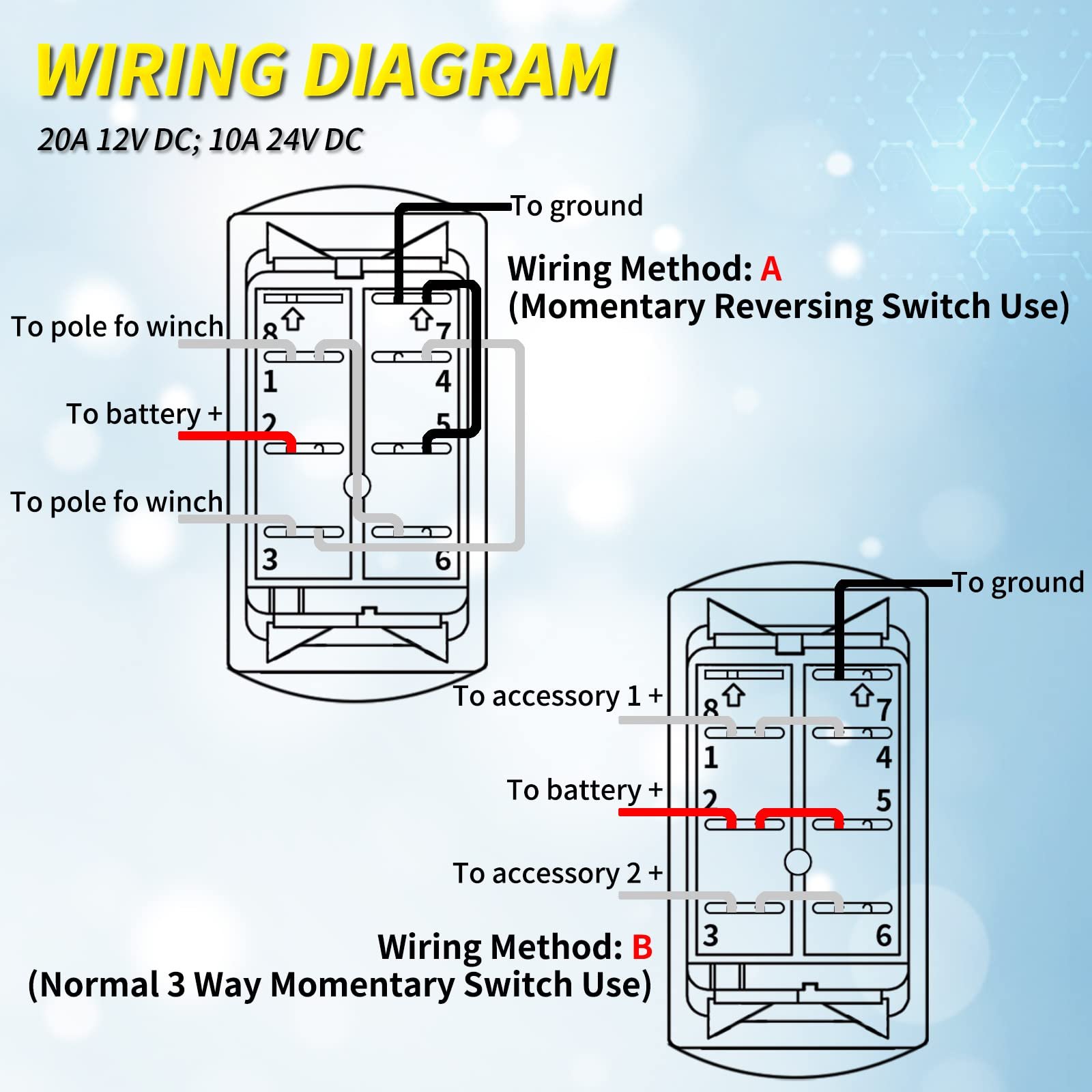 3 Way Rocker Switch with Jumper Wire Boat Car UTV ATV Waterproof 12V 20A DPDT 7 Pin Momentary Reset Rocker Switch (ON)-Off-(ON)