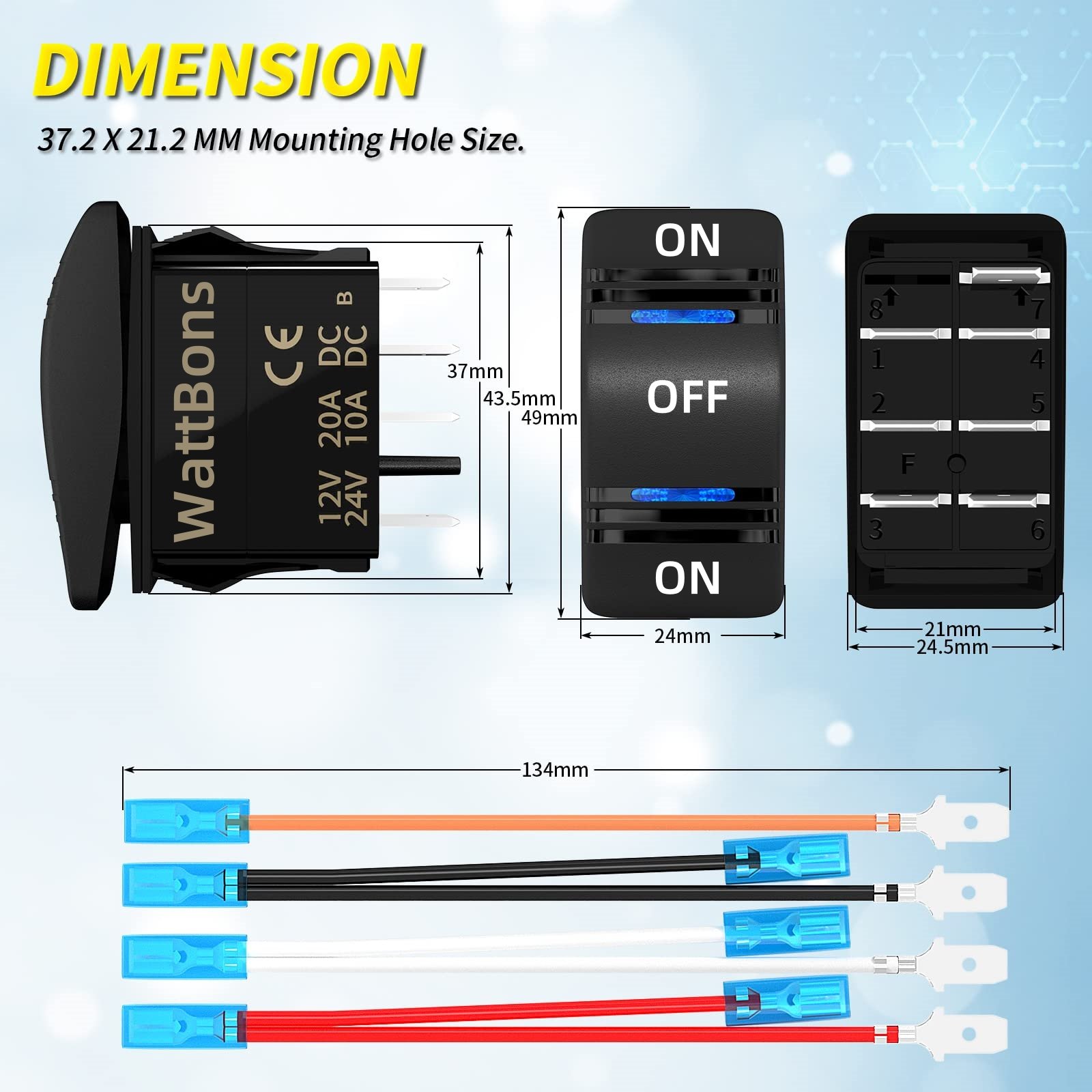 3 Way Rocker Switch with Jumper Wire Boat Car UTV ATV Waterproof 12V 20A DPDT 7 Pin Momentary Reset Rocker Switch (ON)-Off-(ON)