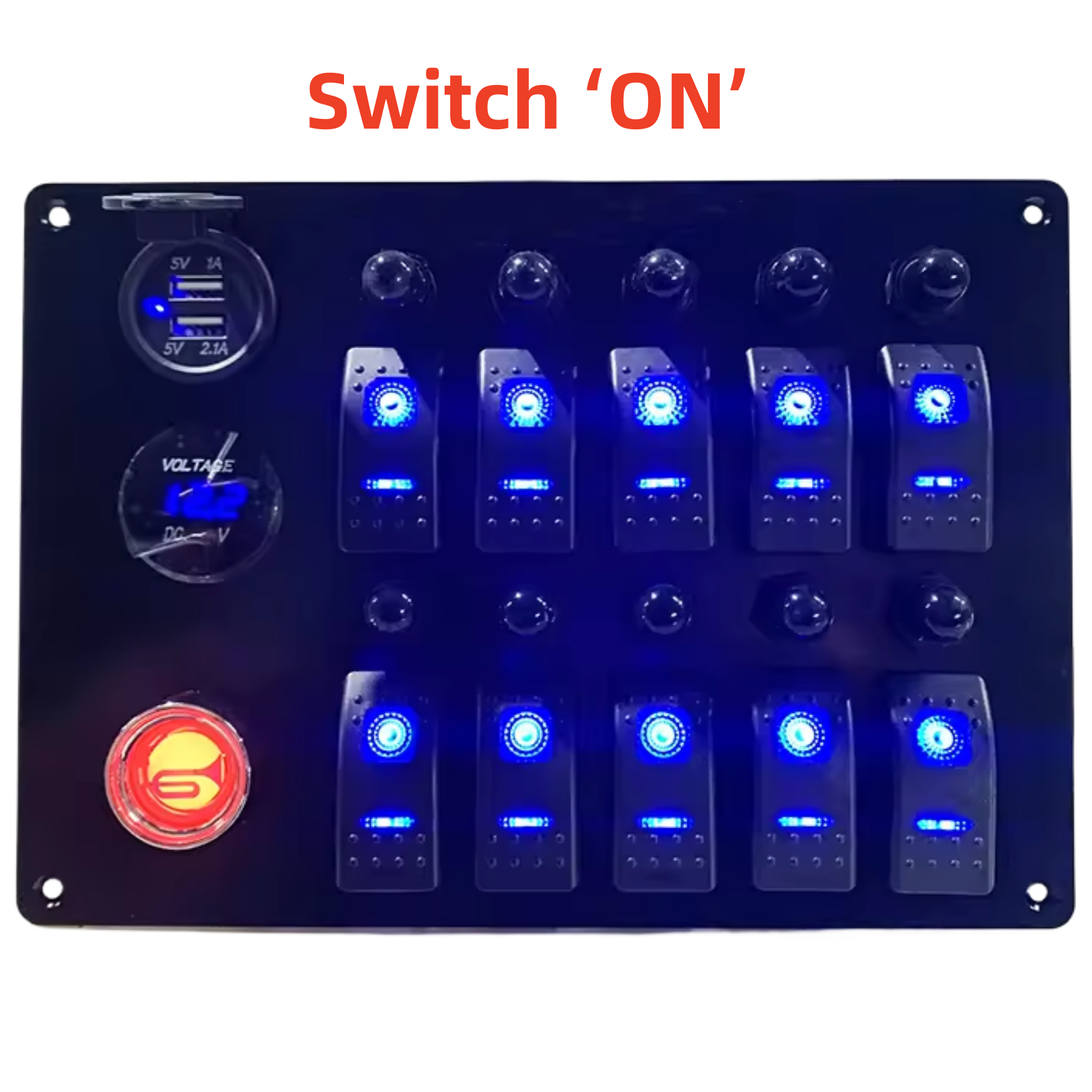 10 Gang Marine Rocker Switch Panel 12V 24V Horn Button Dual USB Port Socket LED Voltmeter Car Boat RV Switch Panel with Breaker