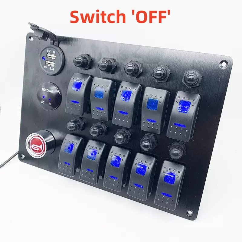 10 Gang Marine Rocker Switch Panel 12V 24V Horn Button Dual USB Port Socket LED Voltmeter Car Boat RV Switch Panel with Breaker