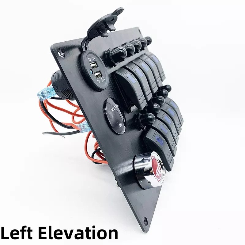 10 Gang Marine Rocker Switch Panel 12V 24V Horn Button Dual USB Port Socket LED Voltmeter Car Boat RV Switch Panel with Breaker