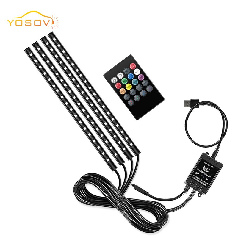 Yosovlamp Car Foot Ambient Light 72LED Seven Color Remote Control Voice Controlled RGB Music Decorative Light Strip