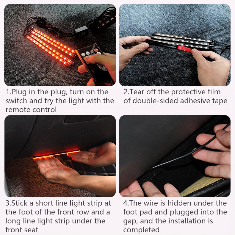 Yosovlamp Car Foot Ambient Light 72LED Seven Color Remote Control Voice Controlled RGB Music Decorative Light Strip