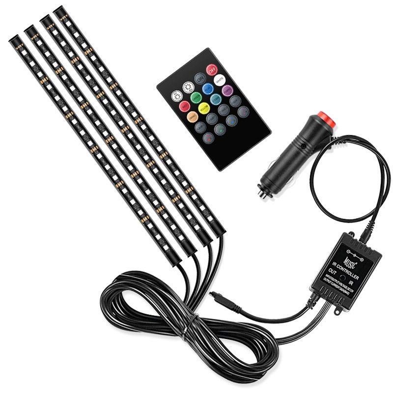Yosovlamp Car Foot Ambient Light 72LED Seven Color Remote Control Voice Controlled RGB Music Decorative Light Strip