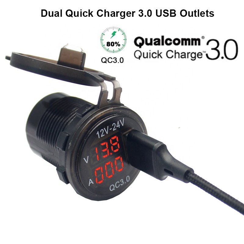 Waterproof DC 12V 24V QC3.0 USB Charger Digital Voltmeter Ammeter for Car Auto Van Boat RV UTV ATV Industrial