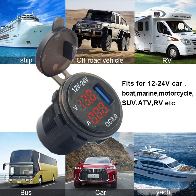 Waterproof DC 12V 24V QC3.0 USB Charger Digital Voltmeter Ammeter for Car Auto Van Boat RV UTV ATV Industrial