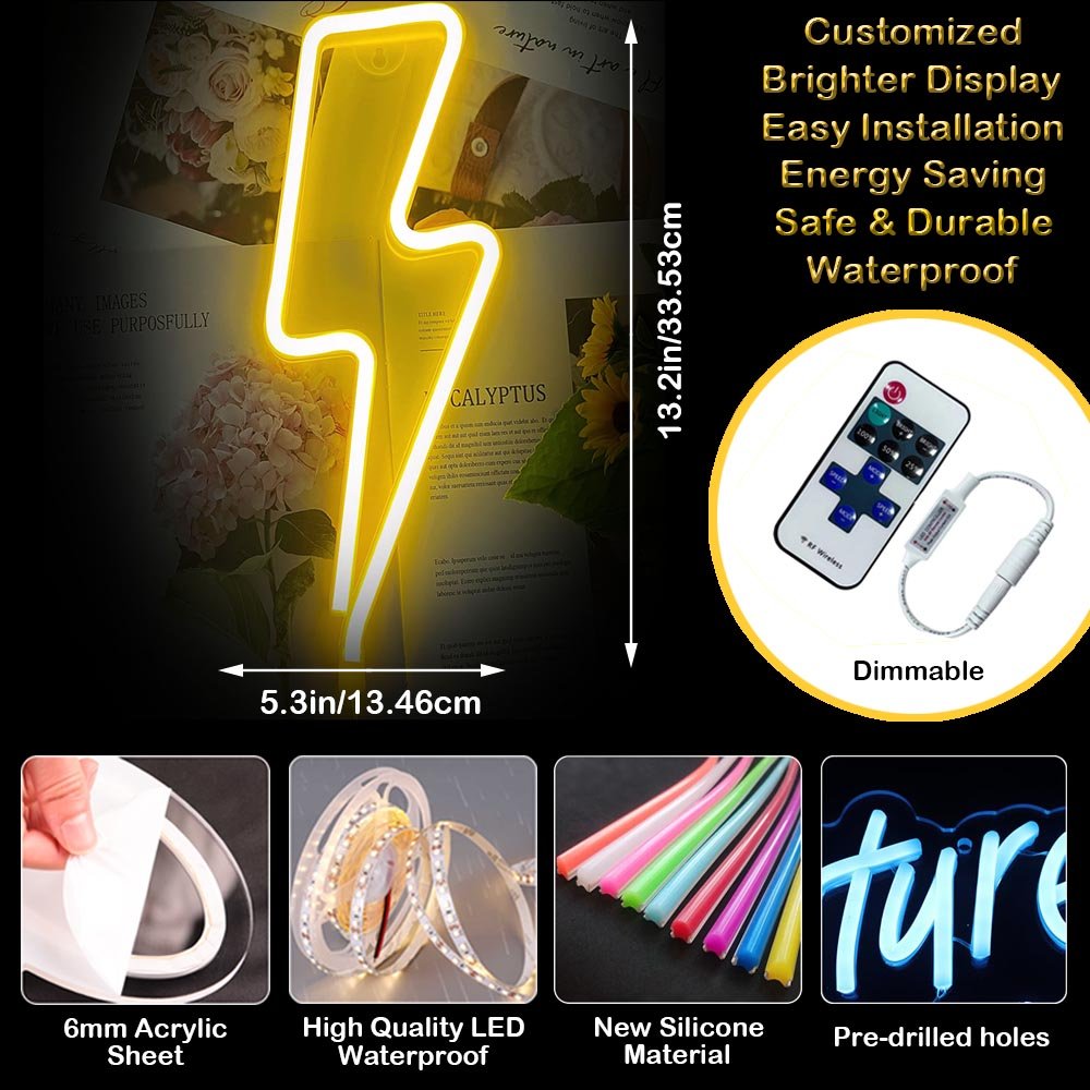 Wholesales Acrylic Simple Shape Lightning Bolt Yellow for Home Kids Decorations Battery or USB Powered Neon Light Sign