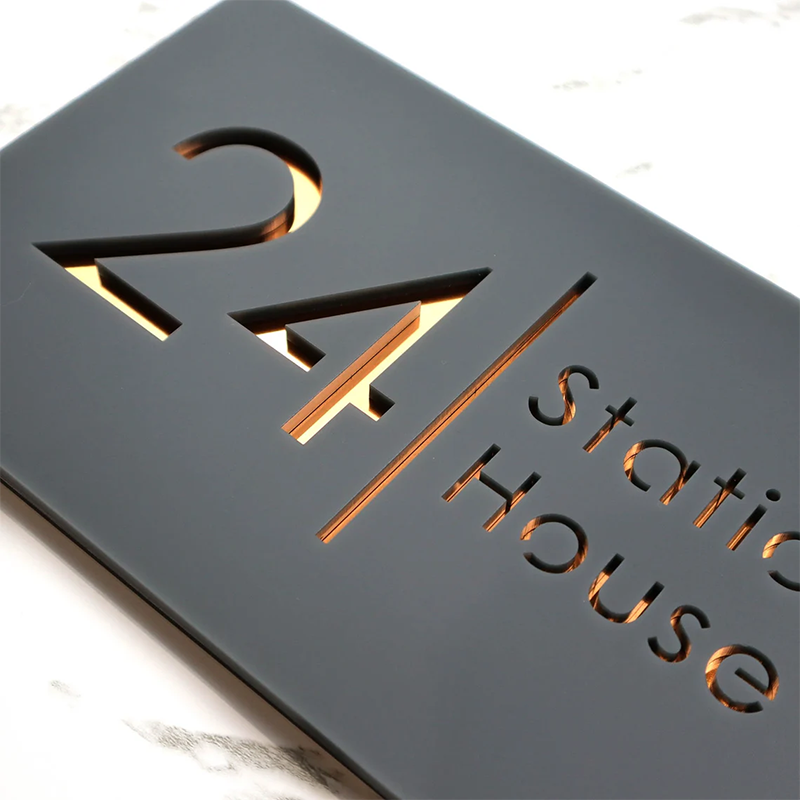 Laser Cut Matt Dark Gray RAL7016 & Copper Mirror Floating House Sign Door Numbers Plaque Size Customizable