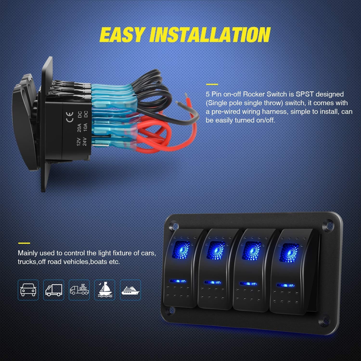 4 Gang Rocker Switch Panel 12V 24V 5 Pin on Off Carling Rocker Switch Waterproof for Jeep Wrangler Car Marine Boat RV Off-road