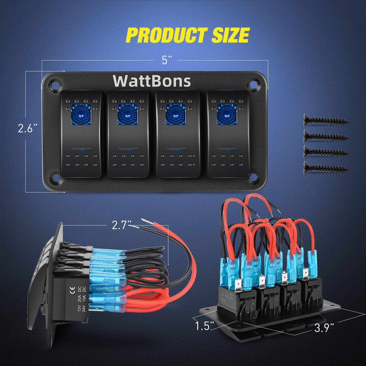 4 Gang Rocker Switch Panel 12V 24V 5 Pin on Off Carling Rocker Switch Waterproof for Jeep Wrangler Car Marine Boat RV Off-road