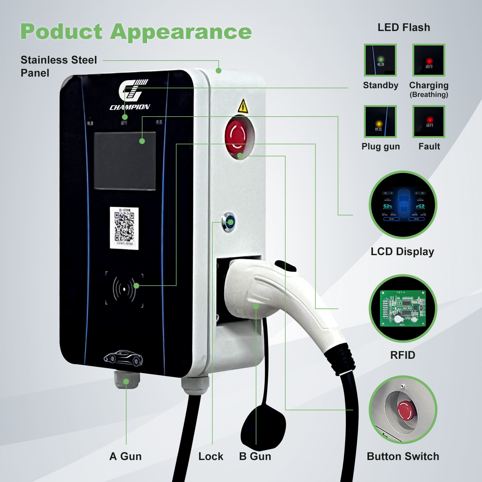 New Energy Vehicle Parts & Accessories Charger for Electric Car Public Fast EV Chargers 7kw 11kw 22kw Ocpp 1.6 GBT
