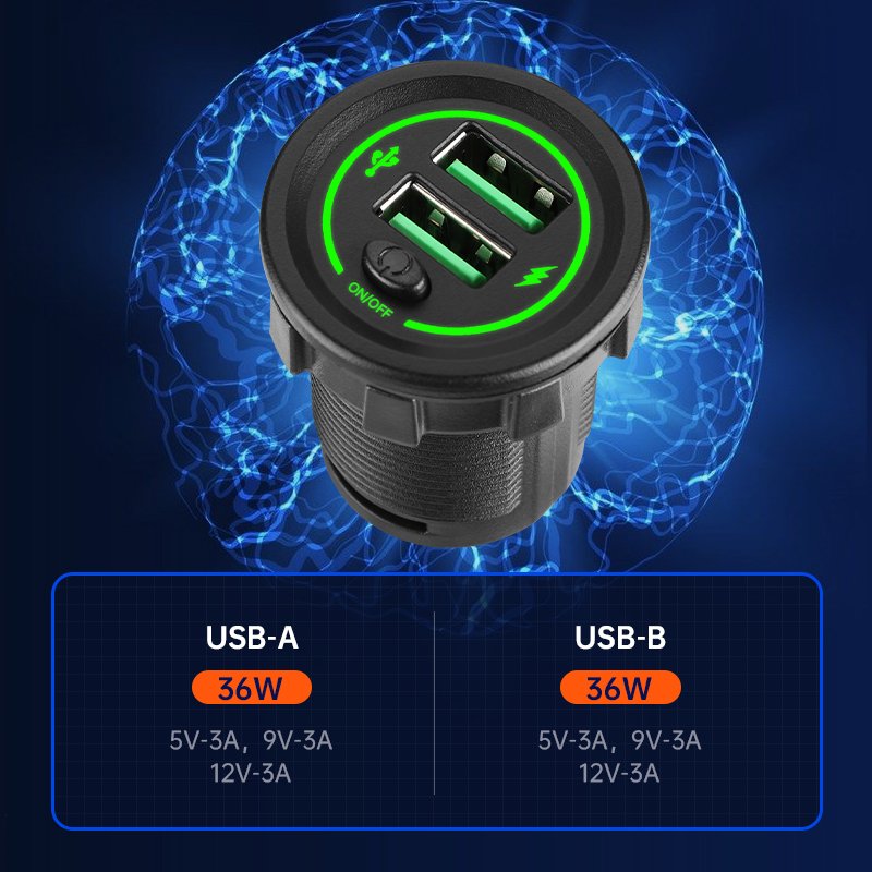 Custom USB Dual Car Charger Socket Extension With USB 12V 24V 36W+36W Super Fast Charger Vehicle Car Bus Motorcycle