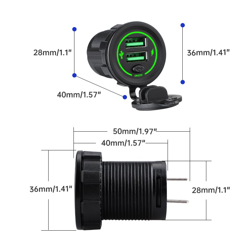 Custom USB Dual Car Charger Socket Extension With USB 12V 24V 36W+36W Super Fast Charger Vehicle Car Bus Motorcycle