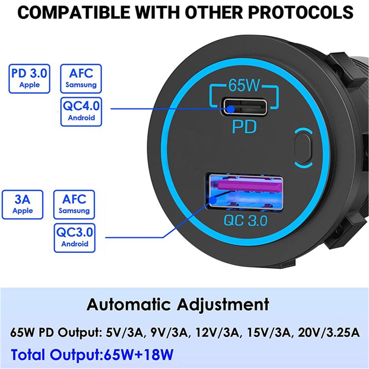 12V Socket USB Charger 65w Type C Pd 12v Car USB Port with Switch for Car Boat Marine Bus Truck Golf Cart RV Moto