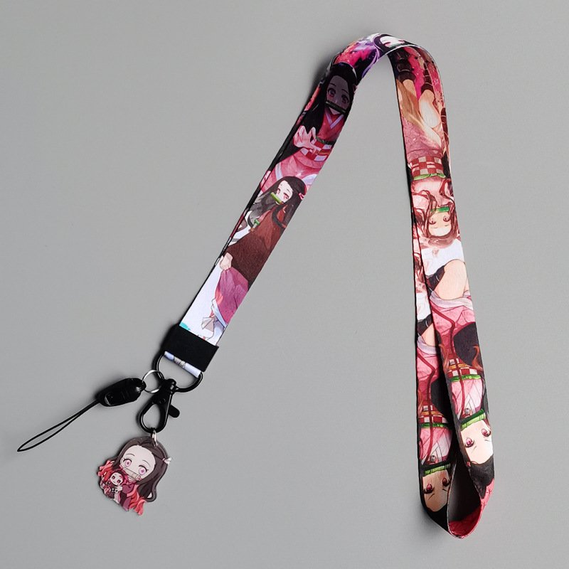 Fashion Anime Polyester Lanyards Printed Custom Cartoon Demon Slayer Student Bus ID Card Holder Wristlet Keychain Strap