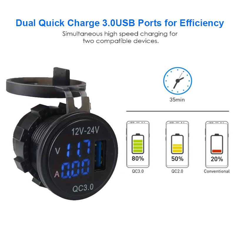 Waterproof 12V/24V DC QC3.0 USB Port Car Charger Socket Battery Voltage Meter Ammeter Digital Voltmeter