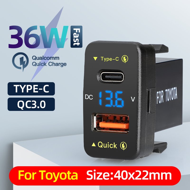 Factory Phone Charger Type-c Fast Charging for Car with Voltmeter 12V 24V for toyota Car Accessories