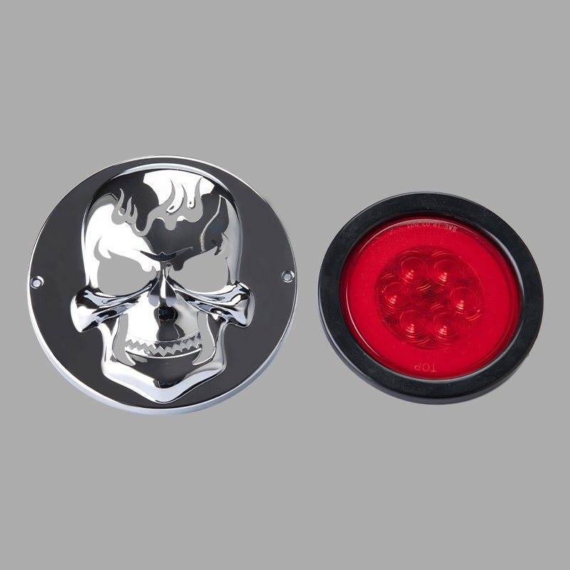 4 Inch Strobe Red Amber Round Rear Brake Light Flash Turn Tail Lamp for Truck Trailer with Skull Cover