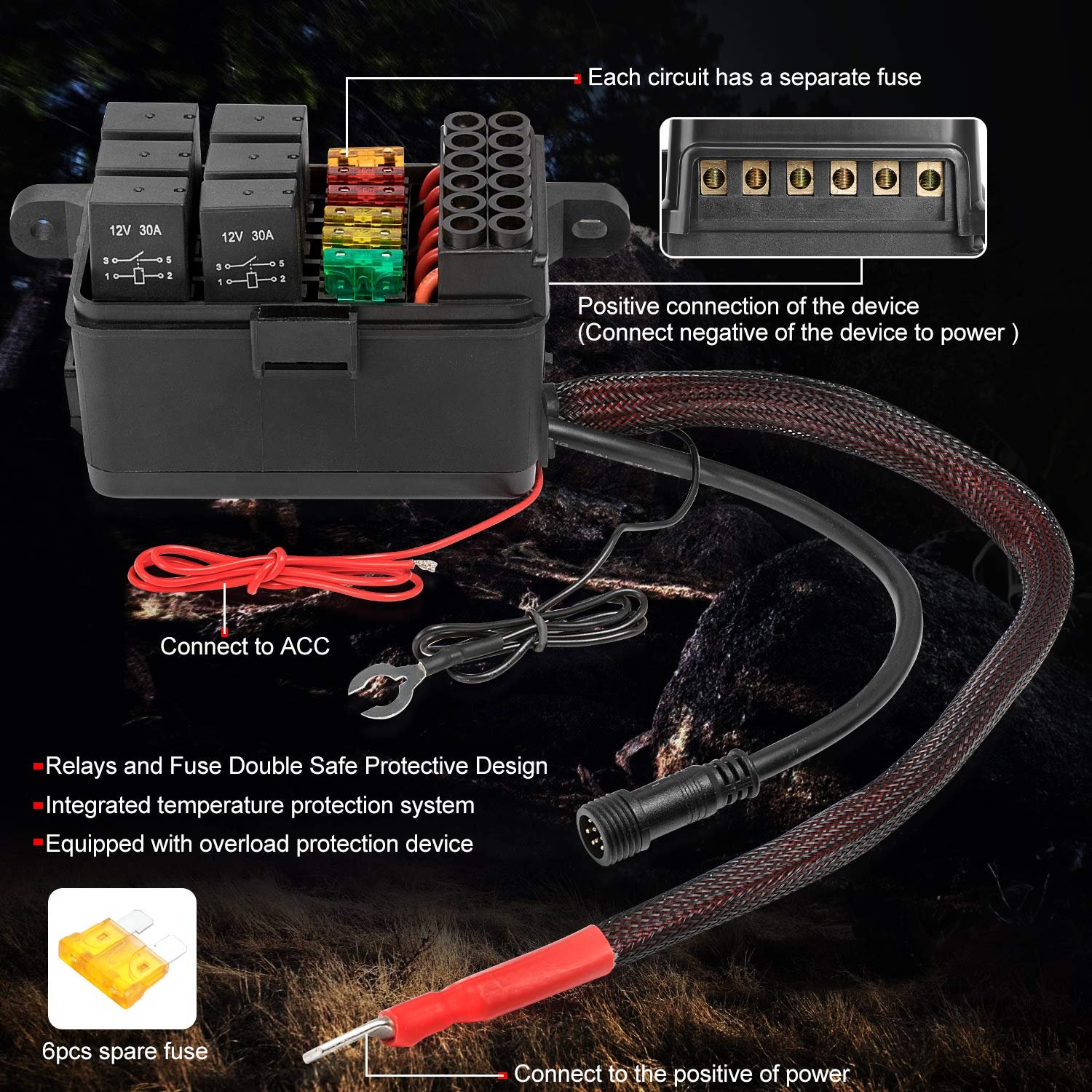 6 Gang LED Push Button Switch Panel with Harness Automatic Dimmable Circuit Control Relay System RV Car Light 12V Switch Panel